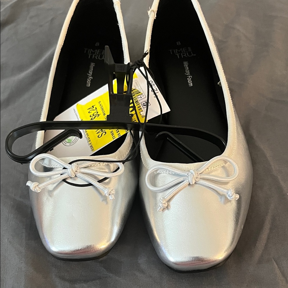 Time and Tru Metallic Silver Flats with Bow